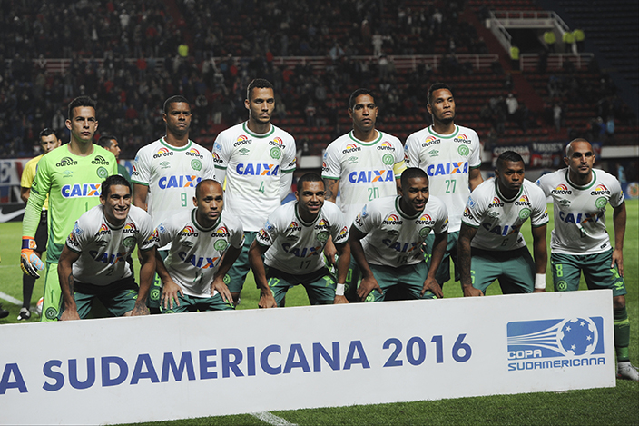 In this Nov. 2, 2016 photo, players of Brazil's Chapecoense team pose before a Copa Sudamericana soccer match against Argentina's San Lorenzo in Buenos Aires, Argentina. A plane carrying the Brazilian first division soccer club Chapecoense team that was on it's way for a Copa Sudamericana final match against Colombia's Atletico Nacional crashed in a mountainous area outside Medellin, Colombian officials said Tuesday, Nov. 29. (AP Photo/Gustavo Garello)