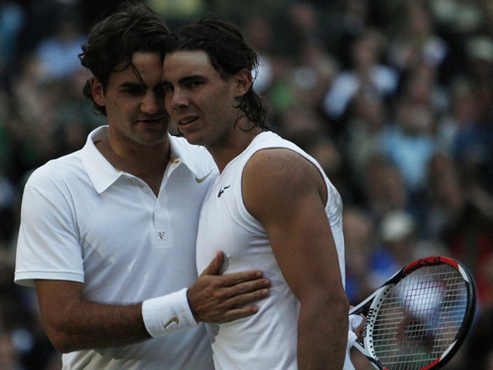 Roger Federer congratulates Spain's Rafael Nadal after he won the the Men's Singles final on the Centre Court at Wimbledon, Sunday, July 6, 2008. (AP Photo/Alessia Pierdomenico, pool) ORG XMIT: XWIM352
