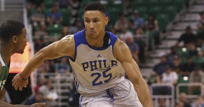 FILE - In this July 4, 2016, file photo, Philadelphia 76ers' Ben Simmons dribbles downcourt during an NBA Summer League basketball game against the San Antonio Spurs in Salt Lake City. No. 1 overall pick Simmons broke a bone in his right foot Friday, Sept. 30, 2016, during the 76ers' final training camp scrimmage at Stockton University. (AP Photo/Kim Raff, File)