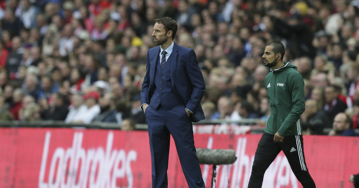England’s manager Gareth Southgate looks across the pitch during the World Cup Group F qualifying soccer match between England and Malta at Wembley stadium in London, Saturday Oct. 8, 2016. (AP Photo/Tim Ireland)