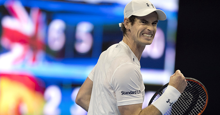 Andy Murray of Britain celebrates a win over David Ferrer of Spain in a men's semifinal singles match of the China Open tennis tournament in Beijing, China, Saturday, Oct. 8, 2016. (AP Photo/Ng Han Guan)