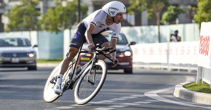 Tony Martin of Germany competes during the men's Elite time trial at the 2016 Road World Championships in Doha, Qatar, Wednesday, Oct. 12, 2016. (AP Photo/Alexandra Panagiotidou)