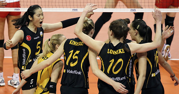 China's Zhu Ting, left, of VafikBank Istanbul celebrates with teammates during their game against Hisamitsu Springs Kobe team at the FIVB Women's Club World Championship 2016 in Pasay, south of Manila, Philippines on Tuesday, Oct. 18, 2016. VafikBank Istanbul team won the match 3-1. (AP Photo/Aaron Favila)