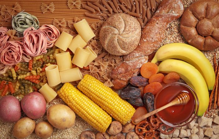 Overhead view of carbohydrate fruits and vegetables