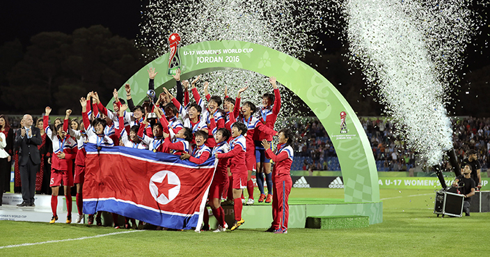 North Korea players celebrate after they won at final game of the FIFA U-17 Women's World Cup against Japan, at Amman International Stadium in Amman, Jordan, Friday, Oct. 21, 2016. The North Korean beat Japan in penalty kicks to win the 2016 FIFA U-17 Women's World Cup. North Korea defeated Japan 5:4 in a penalty shootout. (AP Photo/Raad Adayleh)