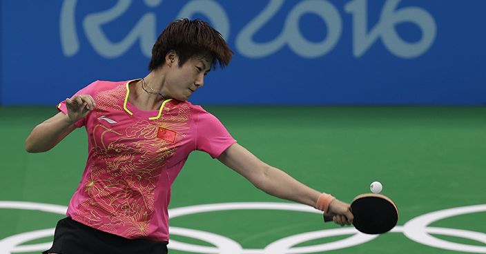 Ding Ning of China plays against Ying Han of Germany during their table tennis quarter finals match at the 2016 Summer Olympics in Rio de Janeiro, Brazil, Tuesday, Aug. 9, 2016.(AP Photo/Petros Giannakouris)