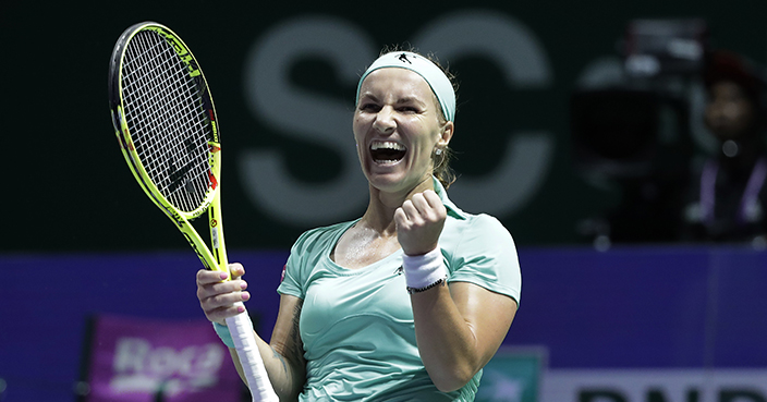 Svetlana Kuznetsova of Russia celebrates after beating Karolina Pliskova of the Czech Republic during their singles match at the WTA tennis tournament in Singapore, Wednesday, Oct. 26, 2016. (AP Photo/Wong Maye-E)