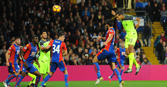 Liverpool's Joel Matip, right, scores his side's third goal against Crystal Palace during the English Premier League soccer match at Selhurst Park in London, Saturday Oct. 29, 2016. (Dominic Lipinski / PA via AP)