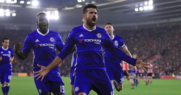 Chelsea's Diego Costa celebrates scoring his side's second goal against Southampton during their English Premier League soccer match at St Mary's Stadium in Southampton, England, Sunday Oct. 30, 2016. (John Walton / PA via AP)
