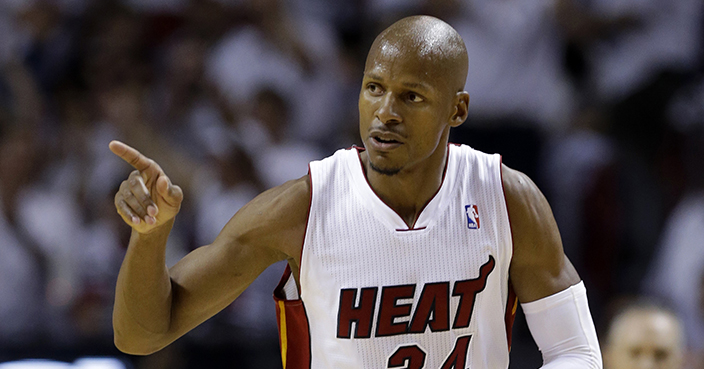 FILE - In a  Friday, May 30, 2014 file photo, Miami Heat guard Ray Allen gestures after scoring a three-point basket during the first half Game 6 in the NBA basketball playoffs Eastern Conference finals against the Indiana Pacers, in Miami. Allen announced his retirement from the NBA on Tuesday, Nov. 1, 2016, ending a career that saw him make more 3-pointers than any player in league history and win championships with Boston and Miami. (AP Photo/Lynne Sladky, File)