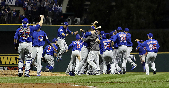 The Chicago Cubs celebrate after Game 7 of the Major League Baseball World Series against the Cleveland Indians Thursday, Nov. 3, 2016, in Cleveland. The Cubs won 8-7 in 10 innings to win the series 4-3. (AP Photo/David J. Phillip)