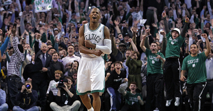 FILE - In this Feb. 10, 2011, file photo, Boston Celtics Ray Allen celebrates after hitting a 3-point basket against the Los Angeles Lakers during the first quarter of an NBA basketball game in Boston. Allen announced his retirement from the NBA on Tuesday, Nov. 1, 2016,  ending a career that saw him make more 3-pointers than any player in league history and win championships with Boston and Miami.  (AP Photo/Elise Amendola, File)