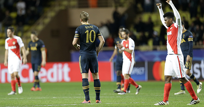 Tottenham's Harry Kane, center, stands on the pitch after the Champions League Group E soccer match Monaco against Tottenham at the Louis II stadium in Monaco, Tuesday, Nov. 22, 2016. (AP Photo/Claude Paris)