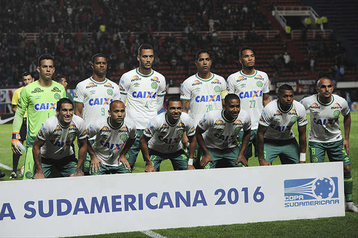 In this Nov. 2, 2016 photo, players of Brazil's Chapecoense team pose before a Copa Sudamericana soccer match against Argentina's San Lorenzo in Buenos Aires, Argentina. A plane carrying the Brazilian first division soccer club Chapecoense team that was on it's way for a Copa Sudamericana final match against Colombia's Atletico Nacional crashed in a mountainous area outside Medellin, Colombian officials said Tuesday, Nov. 29.  (AP Photo/Gustavo Garello)