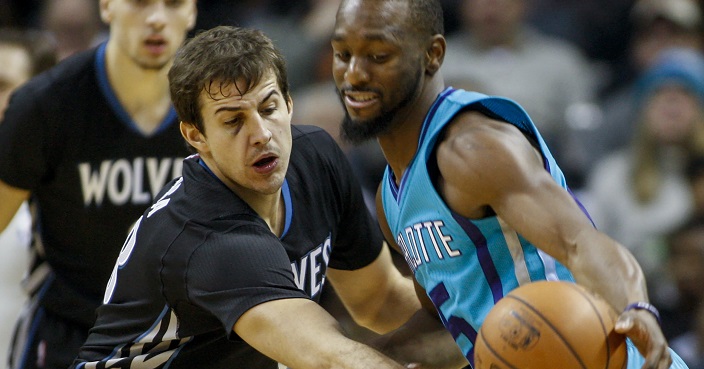 Minnesota Timberwolves forward Nemanja Bjelica, left, of Serbia, knocks away the basketball from Charlotte Hornets guard Kemba Walker in the second half of an NBA basketball game in Charlotte, N.C., Saturday, Dec. 3, 2016. Minnesota won 125-120. (AP Photo/Nell Redmond)