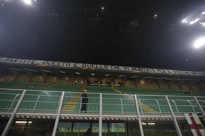 A view of the empty stands as Inter fan protested during an Europa League Group K soccer match between Inter Milan and Sparta Prague, at the San Siro stadium in Milan, Italy, Thursday, Dec. 8, 2016. (AP Photo/Luca Bruno)