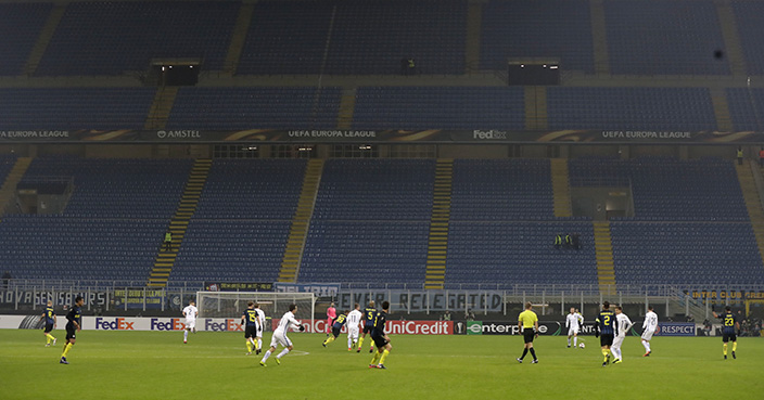 A view of the empty stands as Inter fan protested during during an Europa League Group K soccer match between Inter Milan and Sparta Prague, at the San Siro stadium in Milan, Italy, Thursday, Dec. 8, 2016. (AP Photo/Luca Bruno)