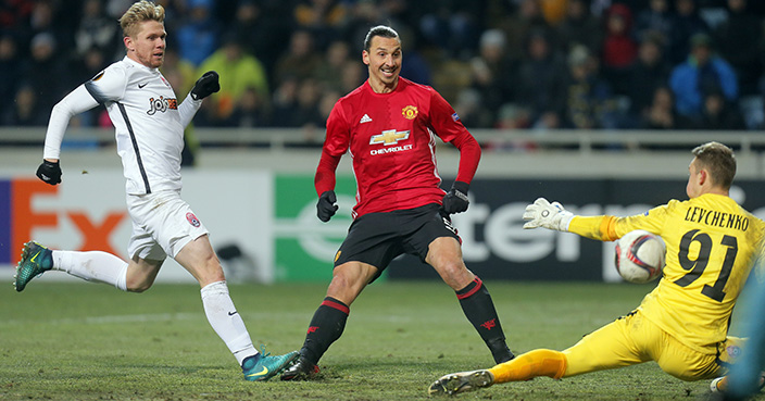 Manchester United's Zlatan Ibrahimovic, centre, scores the second goal during the Europa League group A soccer match between Manchester United and Zorya Luhansk at Chornomorets stadium in Odessa, Ukraine, Thursday, Dec. 8, 2016. (AP Photo/Efrem Lukatsky)