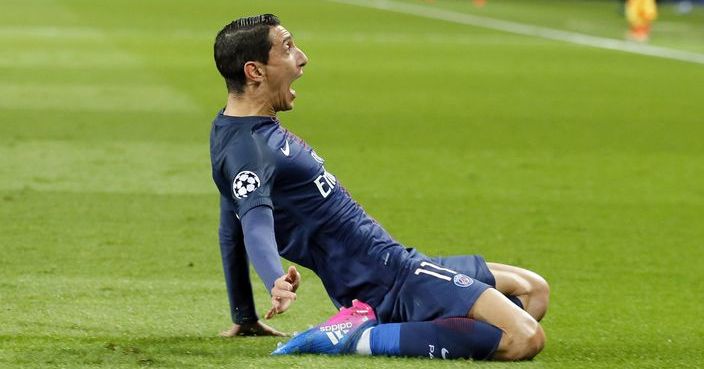 PSG's Angel Di Maria celebrates after scoring the first goal of the game during the Champion's League round of 16, first leg soccer match between Paris Saint Germain and Barcelona at the Parc des Princes stadium in Paris, Tuesday, Feb. 14, 2017. (AP Photo/Francois Mori)