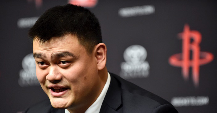 Retired Houston Rockets center Yao Ming speaks to the media before an NBA basketball game between the Houston Rockets and Chicago Bulls, Friday, Feb. 3, 2017, in Houston. Ming's jersey number will be retired during a halftime ceremony tonight. (AP Photo/Eric Christian Smith)