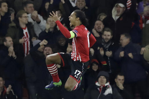 Southampton's Virgil van Dijk celebrates scoring during the Europa League group K stage soccer match between Southampton and Internazionale at St. Mary's Stadium in Southampton, England, Thursday, Nov. 3, 2016. (AP Photo/Matt Dunham)