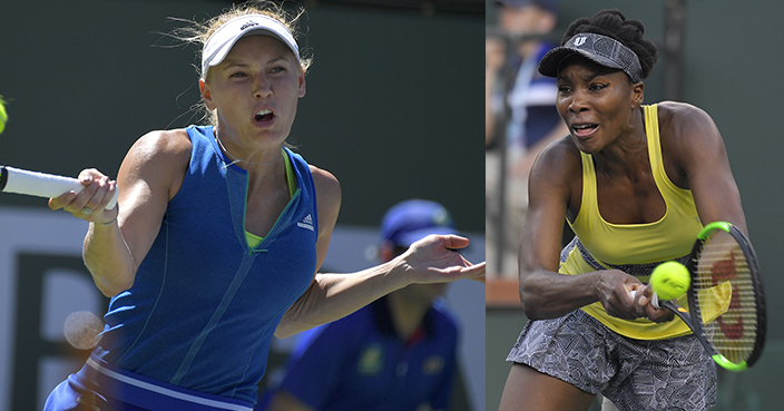 Caroline Wozniacki, of Denmark, returns a shot to Kristina Mladenovic, of France, at the BNP Paribas Open tennis tournament, Thursday, March 16, 2017, in Indian Wells, Calif. (AP Photo/Mark J. Terrill)