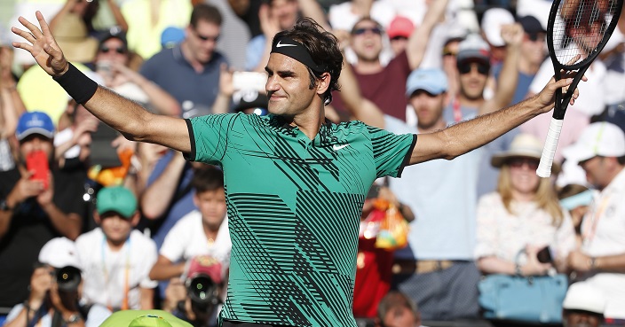 Roger Federer, of Switzerland, celebrates after defeating Tomas Berdych, of the Czech Republic, 6-2, 3-6, 7-6 (6) at the Miami Open tennis tournament, Thursday, March 30, 2017, in Key Biscayne, Fla. (AP Photo/Wilfredo Lee)