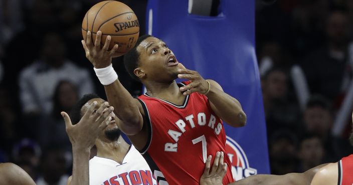 Toronto Raptors guard Kyle Lowry shoots during the first half of an NBA basketball game against the Detroit Pistons, Wednesday, April 5, 2017, in Auburn Hills, Mich. (AP Photo/Carlos Osorio)