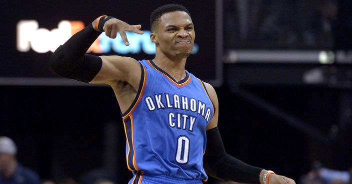 Oklahoma City Thunder guard Russell Westbrook (0) gestures after scoring a 3-pointer during the second half of the team's NBA basketball game against the Memphis Grizzlies Wednesday, April 5, 2017, in Memphis, Tenn. (AP Photo/Brandon Dill)
