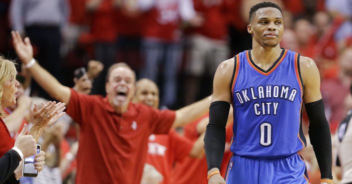 Oklahoma City Thunder guard Russell Westbrook walks down the court in the final seconds of Game 2 of the team's NBA basketball first-round playoff series against the Houston Rockets, Wednesday, April 19, 2017, in Houston. Houston won 115-111. (AP Photo/Eric Christian Smith)