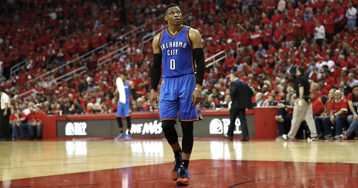 Oklahoma City Thunder's Russell Westbrook looks up at the scoreboard during the second half against the Houston Rockets in Game 5 of an NBA basketball first-round playoff series, Tuesday, April 25, 2017, in Houston. The Rockets won 105-99, taking the series 4-1. (AP Photo/David J. Phillip)