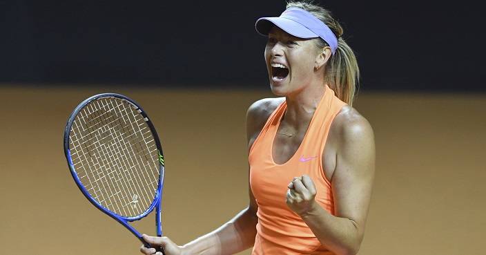 Maria Sharapova reacts during her match against fellow Russian Ekaterina Makarova, at the Porsche Tennis Grand Prix tournament in Stuttgart, Germany, Thursday April 27, 2017.  This is the first professional tennis tournament for Sharapova following a 15-month doping ban.  (Bernd Weissbrod/dpa via AP)