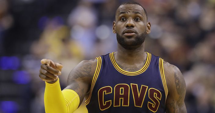 Cleveland Cavaliers' LeBron James instructs teammates during the first half in Game 4 of a first-round NBA basketball playoff series against the Indiana Pacers, Sunday, April 23, 2017, in Indianapolis. (AP Photo/Darron Cummings)