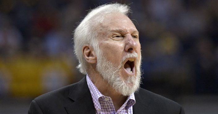 San Antonio Spurs coach Gregg Popovich shouts during the second half of Game 6 in the team's NBA basketball first-round playoff series against the Memphis Grizzlies on Thursday, April 27, 2017, in Memphis, Tenn. (AP Photo/Brandon Dill)