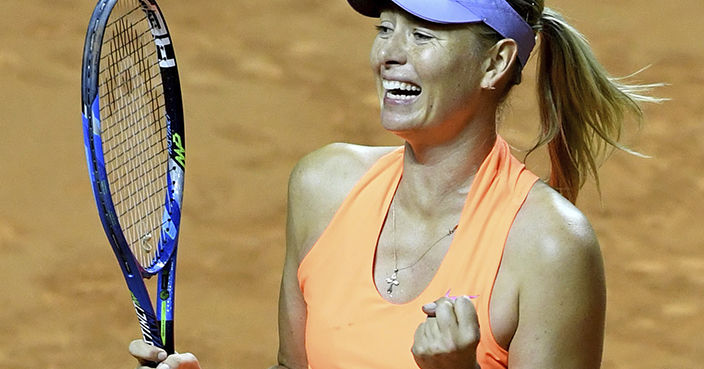 Russia's Maria Sharapova celebrates her victory against Estonia's Anett Kontaveit during their quarterfinal match at the WTA tennis tournament in Stuttgart, Germany, Friday, April 28, 2017. (Bernd Weissbrod/dpa via AP)