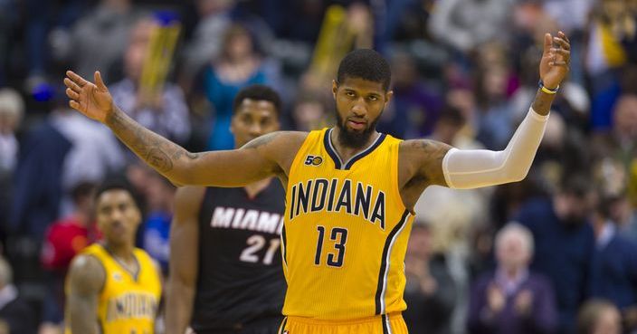 Indiana Pacers forward Paul George (13) reacts as time expires in the team's NBA basketball game against the Miami Heat on Sunday, March 12, 2017, in Indianapolis. The Pacers won 102-98. (AP Photo/Doug McSchooler)