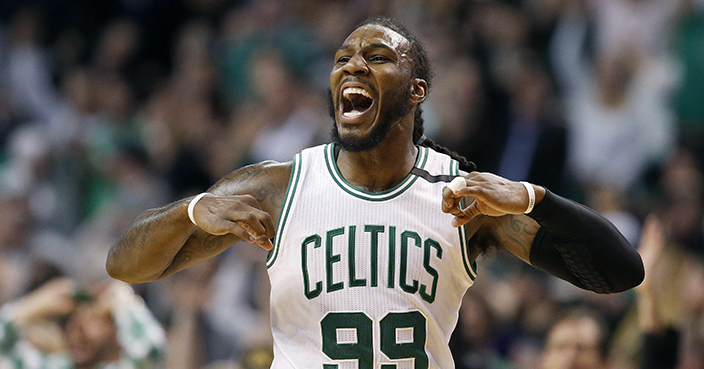 Boston Celtics' Jae Crowder celebrates after hitting a 3-pointer during the third quarter of a second-round NBA playoff series basketball game against the Washington Wizards, Sunday, April, 30, 2017, in Boston. The Celtics won 123-111. (AP Photo/Michael Dwyer)