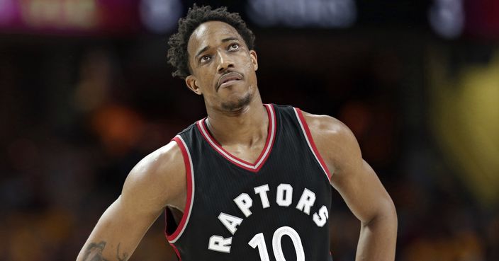 Toronto Raptors' DeMar DeRozan looks up in the second half in Game 1 of a second-round NBA basketball playoff series against the Cleveland Cavaliers, Monday, May 1, 2017, in Cleveland. The Cavaliers won 116-105. (AP Photo/Tony Dejak)