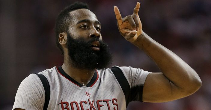 Houston Rockets guard James Harden reacts after making a 3-point basket during the second half in Game 4 of an NBA basketball second-round playoff series against the San Antonio Spurs, Sunday, May 7, 2017, in Houston. Houston won 125-104. (AP Photo/Eric Christian Smith)