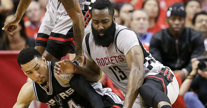 Houston Rockets guard James Harden (13) and San Antonio Spurs guard Danny Green chase a loose ball during the second half in Game 6 of an NBA basketball second-round playoff series, Thursday, May 11, 2017, in Houston. San Antonio won 114-75. (AP Photo/Eric Christian Smith)