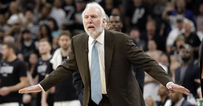 San Antonio Spurs head coach Gregg Popovich reacts to play against the Houston Rockets during overtime of Game 5 in a second-round NBA basketball playoff series, Tuesday, May 9, 2017, in San Antonio. San Antonio won 110-107. (AP Photo/Eric Gay)