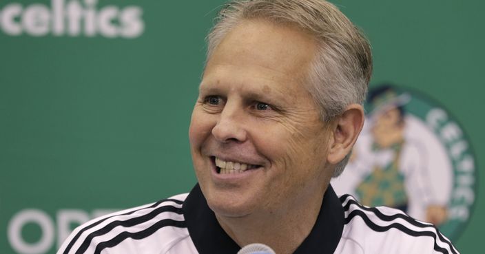 FILE - In this June 24, 2016, file photo, Boston Celtics President of Basketball Operations Danny Ainge speaks during a news conference in Waltham, Mass. The Boston Celtics are trying to go from No. 1 seed to No. 1 pick. The Los Angeles Lakers don’t need to be first, but they sure better not be worse than third. There's plenty at stake for the NBA's greatest champions on Tuesday, May 16, 2017, in the draft lottery. (AP Photo/Elise Amendola, FIle)