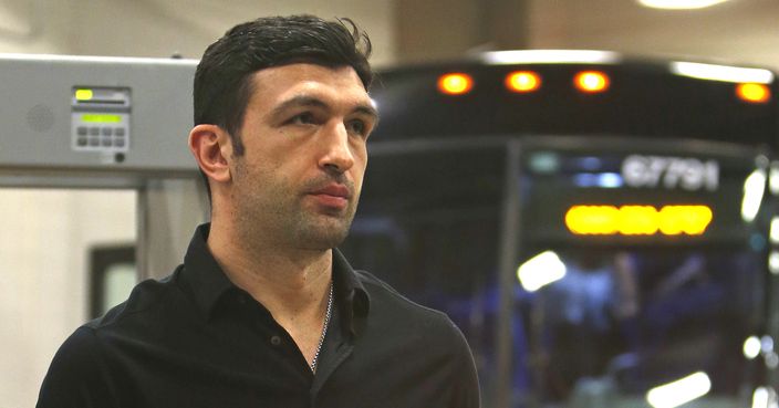 Golden State Warriors center Zaza Pachulia (27) arrives at the AT&T center for Game 3 of the NBA basketball Western Conference finals against the San Antonio Spurs, Saturday, May 20, 2017, in San Antonio. (AP Photo/Ronald Cortes)