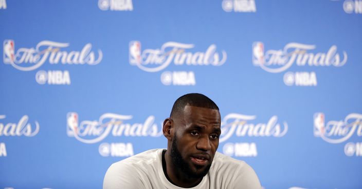 Cleveland Cavaliers' LeBron James answers questions before an NBA basketball practice, Wednesday, May 31, 2017, in Oakland, Calif. The Cavaliers face the Golden State Warriors in Game 1 of the NBA Finals on Thursday in Oakland. (AP Photo/Marcio Jose Sanchez)