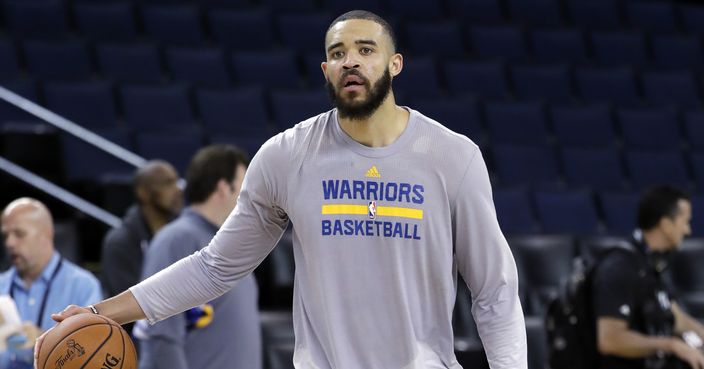 Golden State Warriors' JaVale McGee dribbles during an NBA basketball practice, Wednesday, May 31, 2017, in Oakland, Calif. The Golden State Warriors face the Cleveland Cavaliers in Game 1 of the NBA Finals on Thursday in Oakland. (AP Photo/Marcio Jose Sanchez)