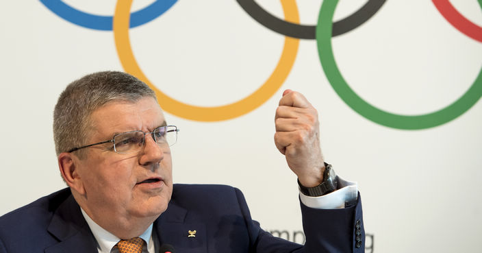 International Olympic Committee, IOC, President Thomas Bach from Germany, speaks during a press conference after an executive board meeting, at the Olympic Museum, in Lausanne, Switzerland, Friday, June 9, 2017.  (Jean-Christophe Bott/Keystone via AP)
