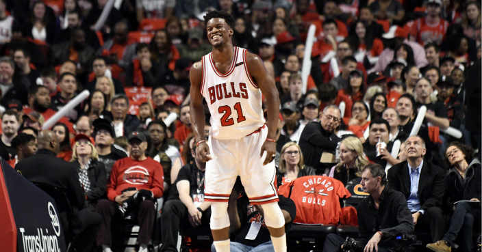 during the first half of an NBA basketball game in Chicago, Wednesday, April 12, 2017. (AP Photo/David Banks)