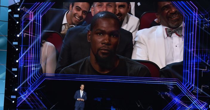Host Peyton Manning speaks at the ESPYS at the Microsoft Theater on Wednesday, July 12, 2017, in Los Angeles. Pictured on screen is NBA player Kevin Durant, of the Golden State Warriors. (Photo by Chris Pizzello/Invision/AP)