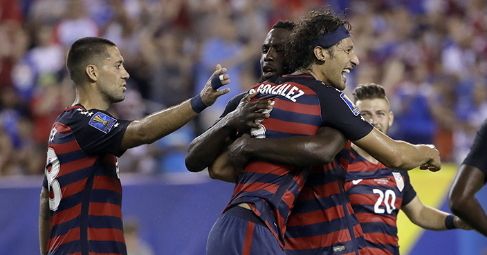 United States' Omar Gonzalez (3) reacts with teammates after scoring a goal during a CONCACAF Gold Cup quarterfinal soccer match against El Salvador, in Philadelphia, Wednesday, July 19, 2017. (AP Photo/Matt Rourke)