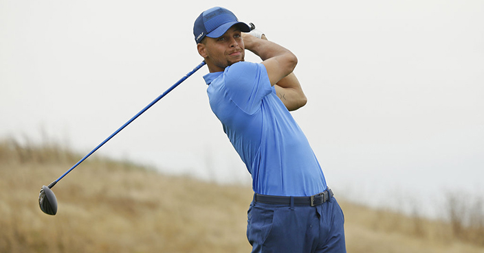 Golden State Warriors NBA basketball player Stephen Curry follows his drive from the 17th tee during the Web.com Tour's Ellie Mae Classic golf tournament Thursday, Aug. 3, 2017, in Hayward, Calif. (AP Photo/Eric Risberg)